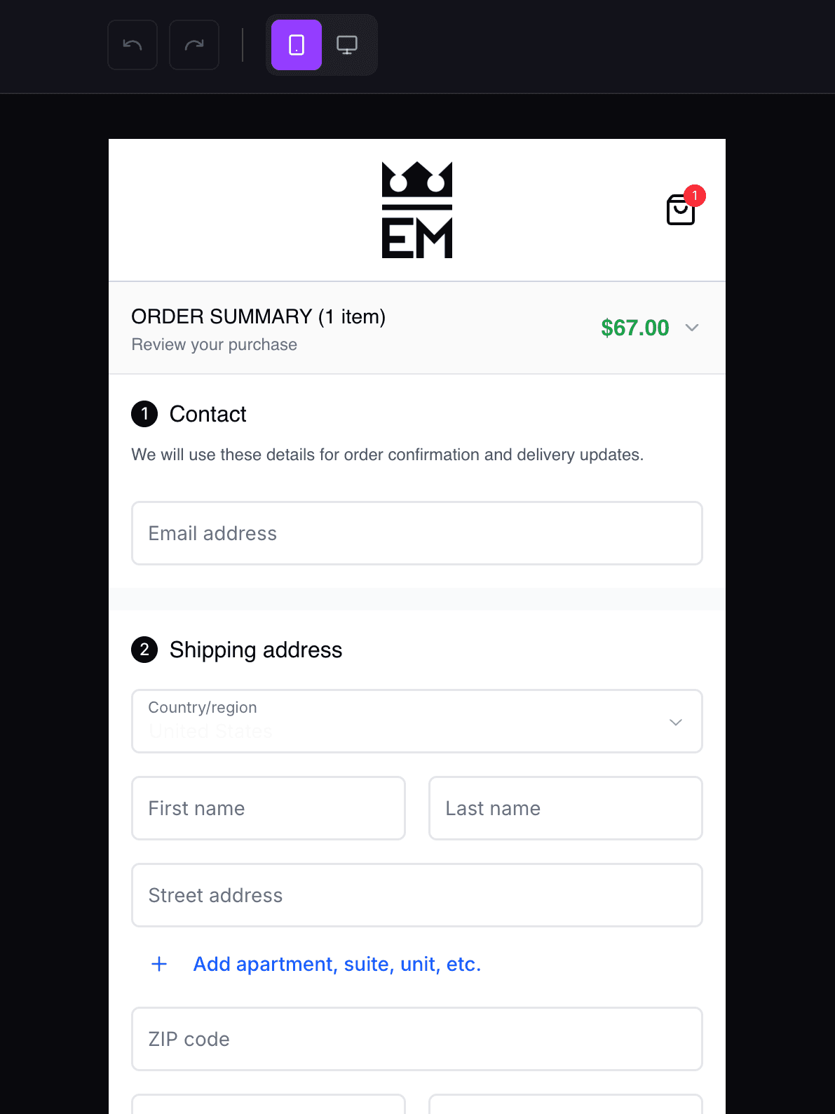 Prévia do checkout da Koopfy com contato, entrega e logo da loja
