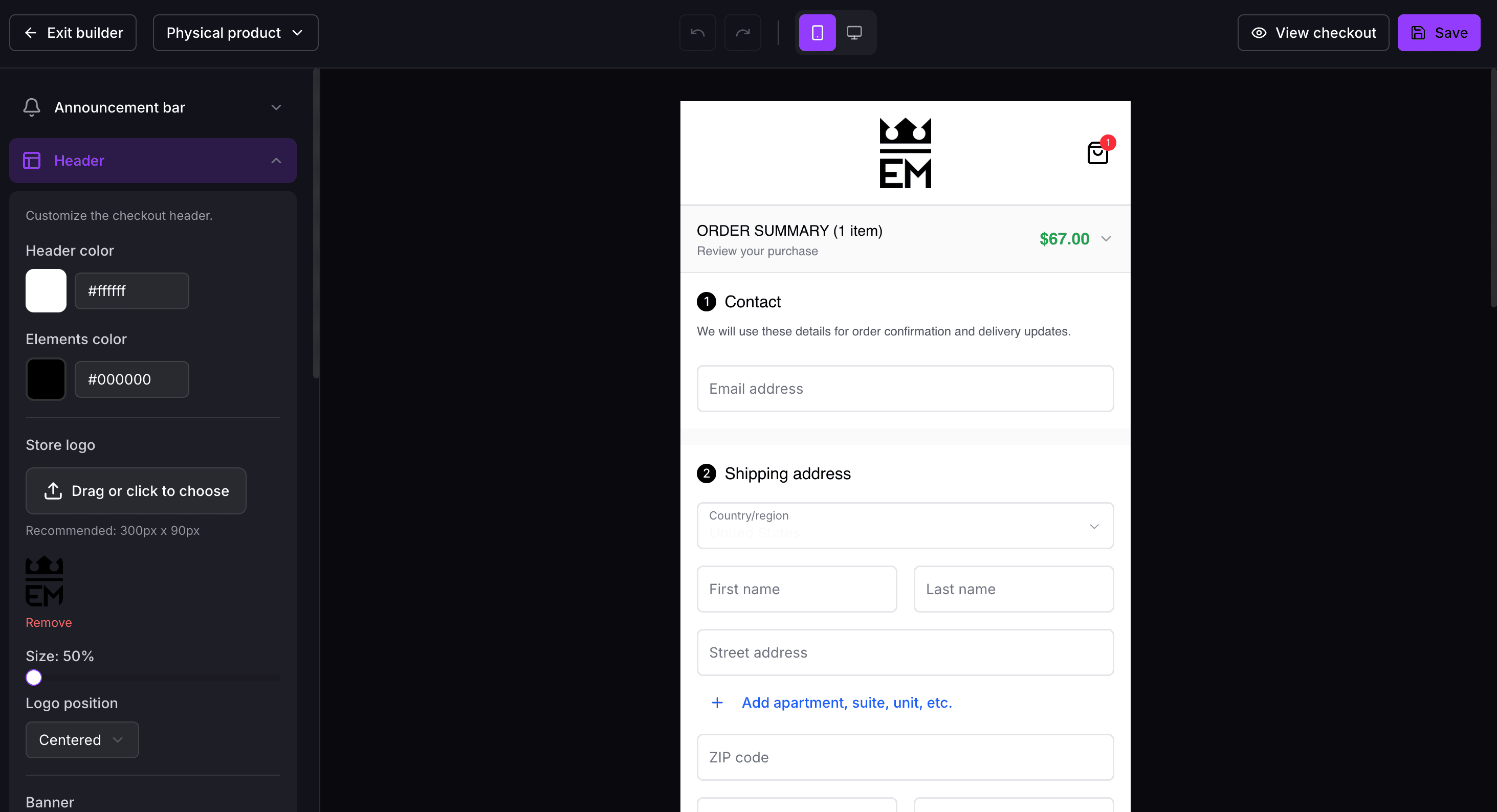 Editor de checkout da Koopfy: cor do cabeçalho, logo da loja e prévia do checkout no celular